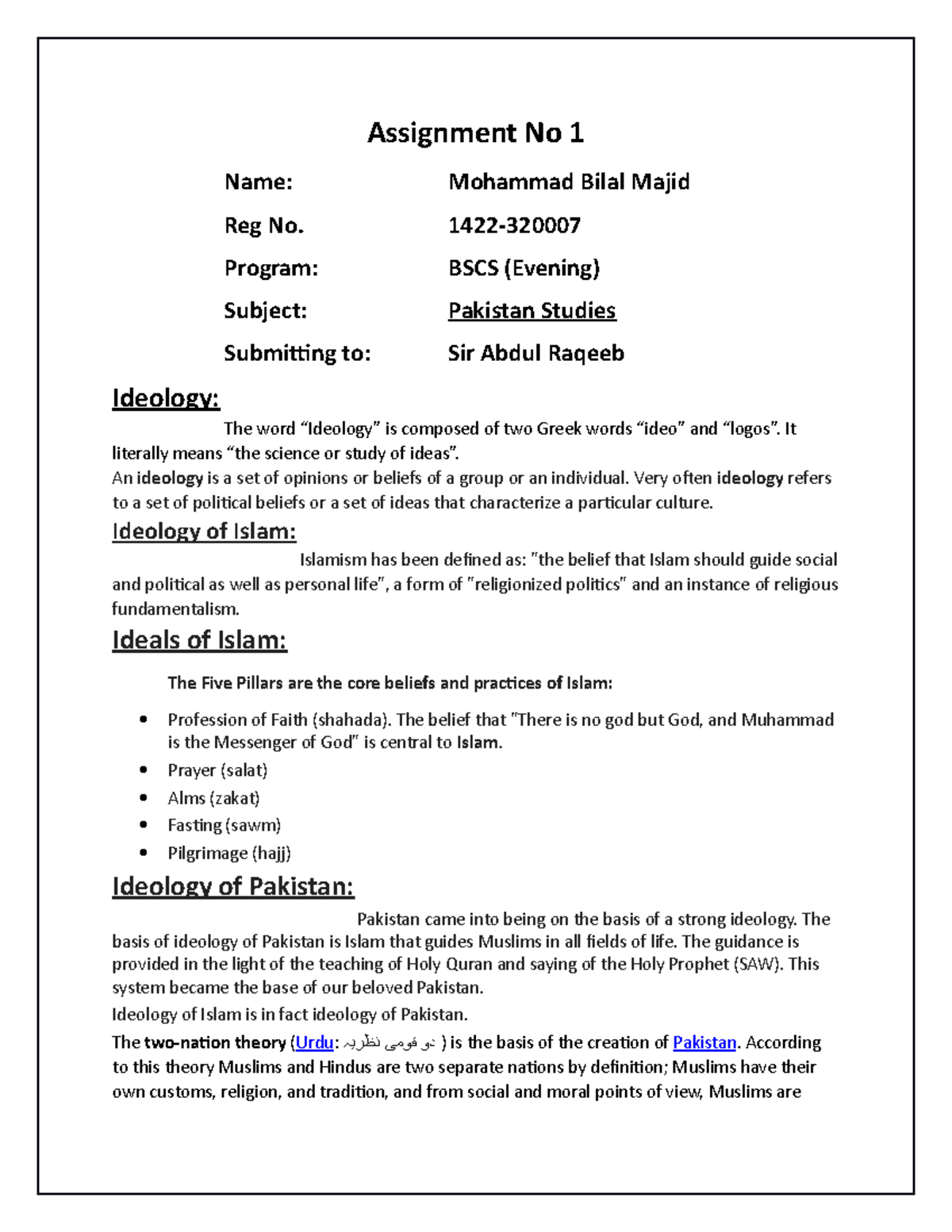 Pak Studies - Lecture notes 1 - Assignment No 1 Name: Mohammad Bilal ...