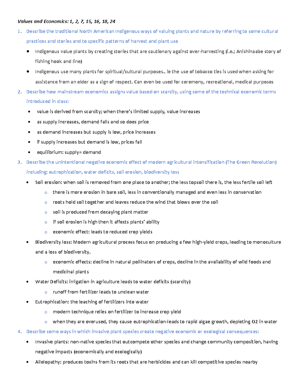 Botany review notes Values and Economics 1, 2, 7, 15, 16, 18, 24
