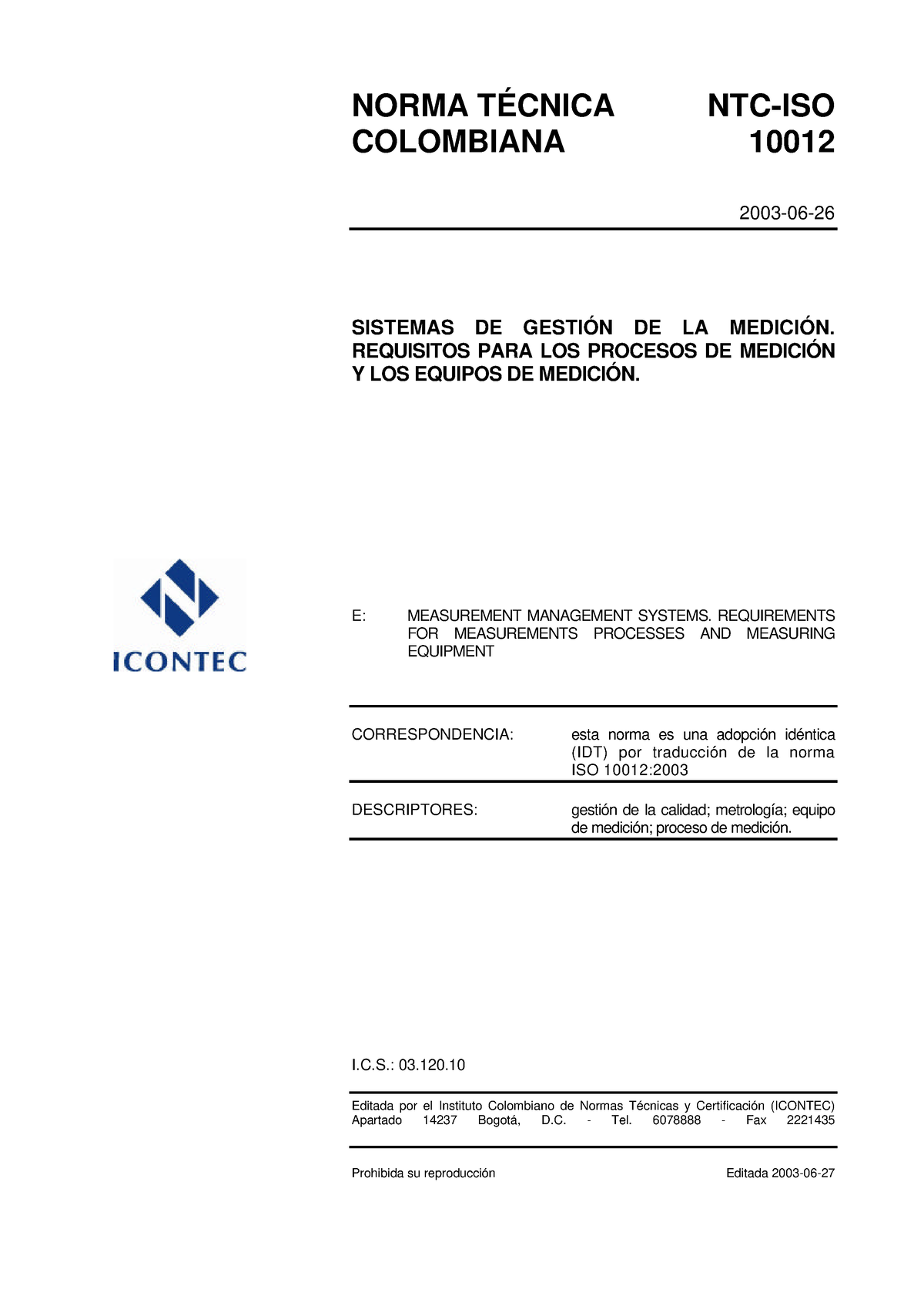 NTC-ISO-1 001 2 - NORMA TECNICA - NORMA TÉCNICA NTC-ISO COLOMBIANA ...