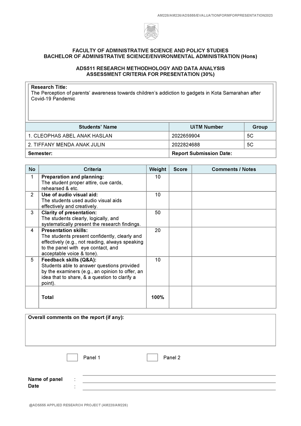 Defend Proposal Evaluation FORM - AM228/AM226/ADS555 ...