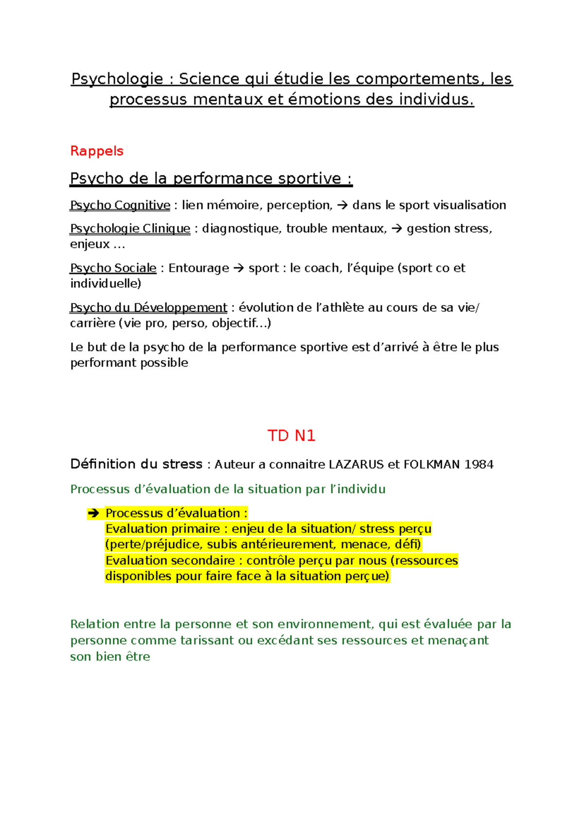 TD1 et 2 - cours psycho de la performance - Psychologie : Science qui ...