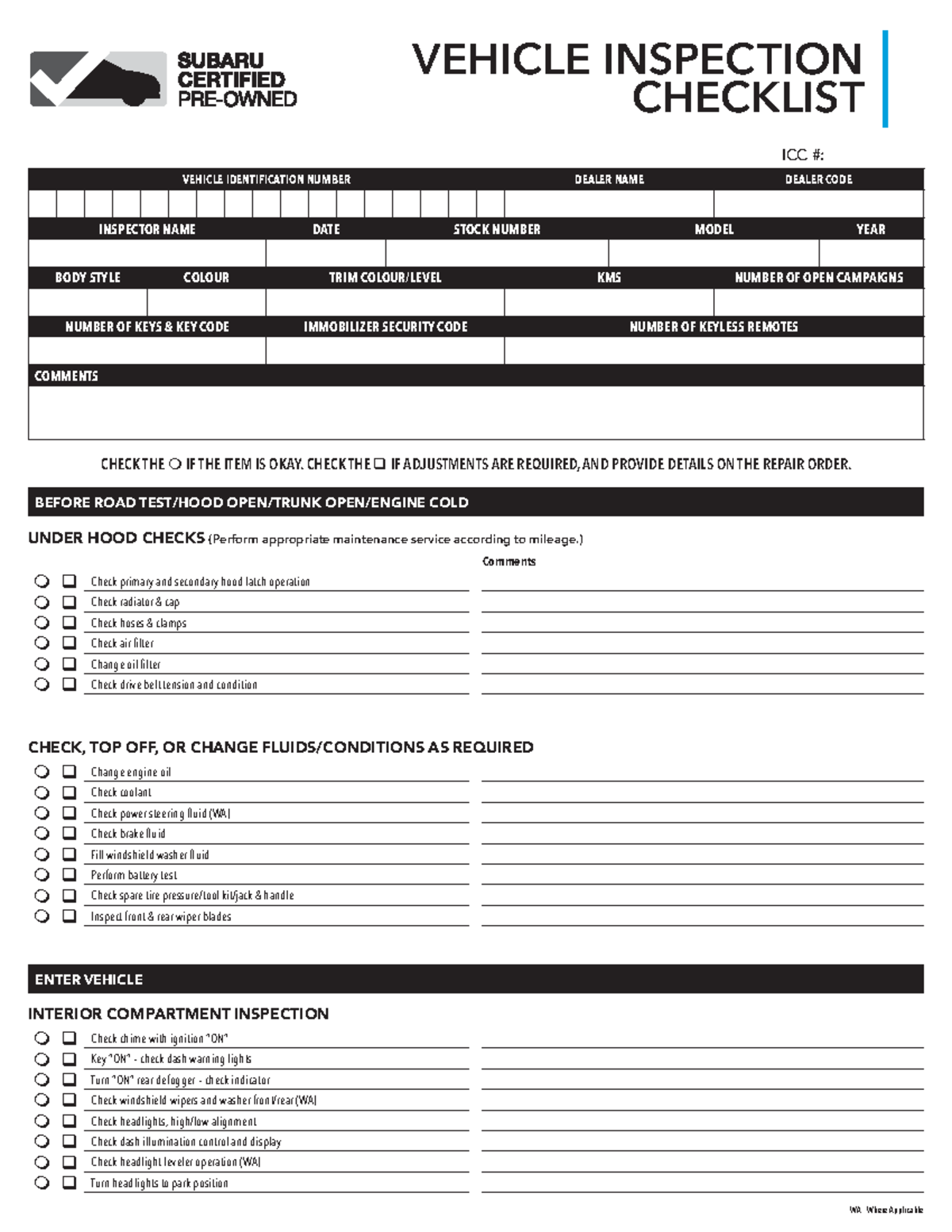 Subaru CPO Vehicle Inspection Checklist 2024 EN - VEHICLE ...