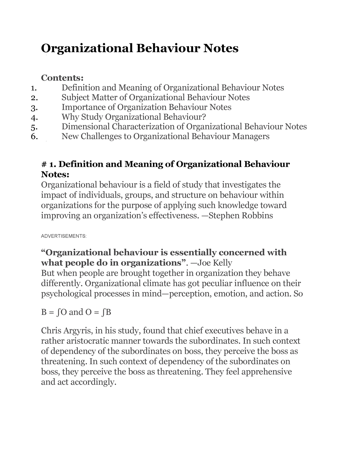 Organizational Behaviour Notes - Definition And Meaning Of ...