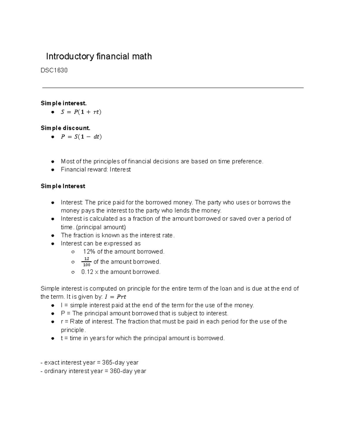 Introduction to financial math Introductory financial math DSC Simple