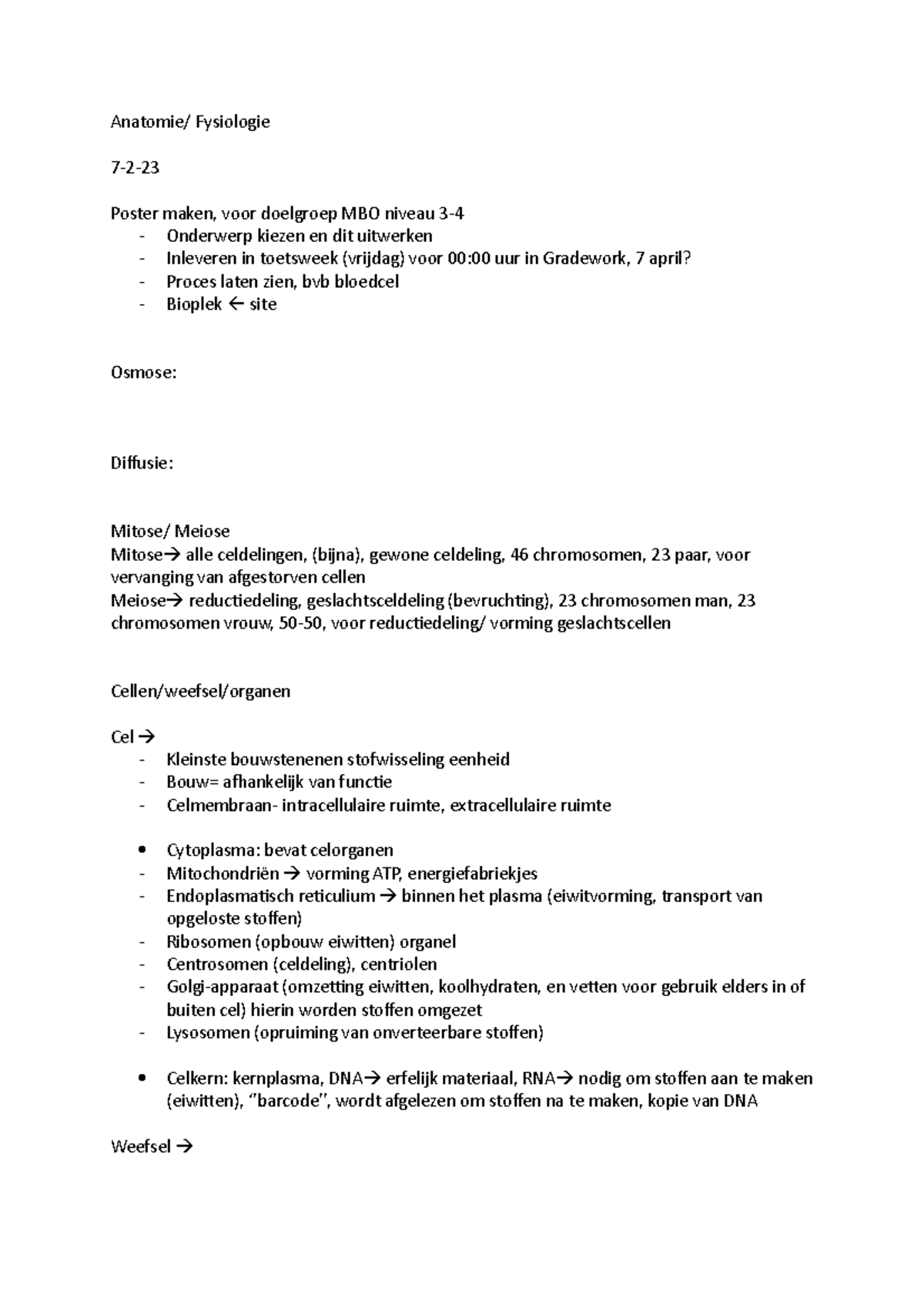 F:A, Aantekeningen - Anatomie/ Fysiologie 7-2- Poster Maken, Voor ...