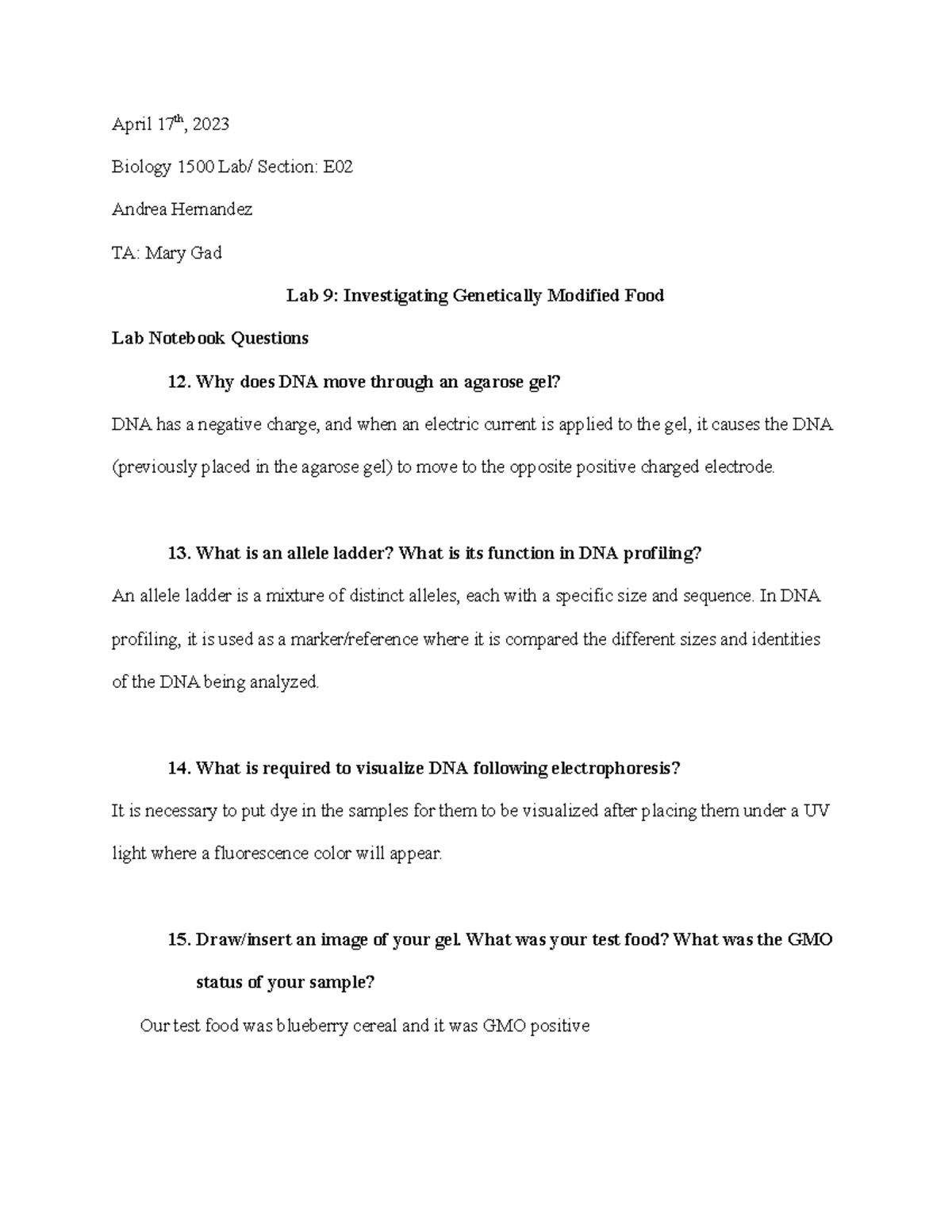 Lab 9 part II lab 9 April 17th, 2023 Biology 1500 Lab/ Section E