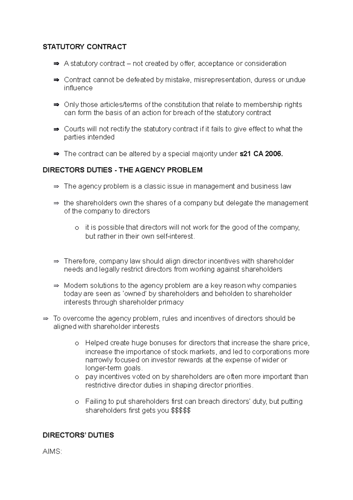 Topic 8 - LECTURE NOTES ON STATUTORY CONTRACT, DIRECTORS DUTIES - THE ...