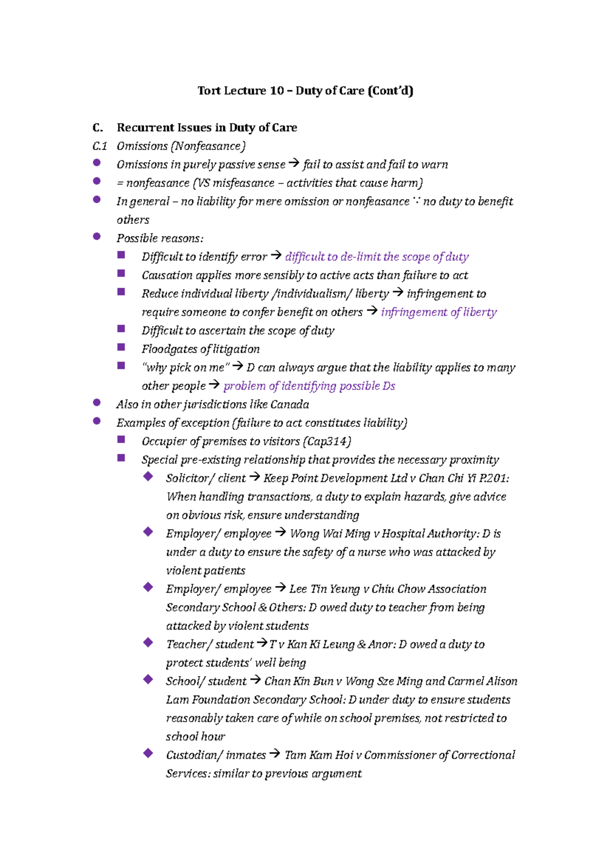 Tort-Lecture-10 - Lecture notes 10 - Tort Lecture 10 – Duty of Care ...
