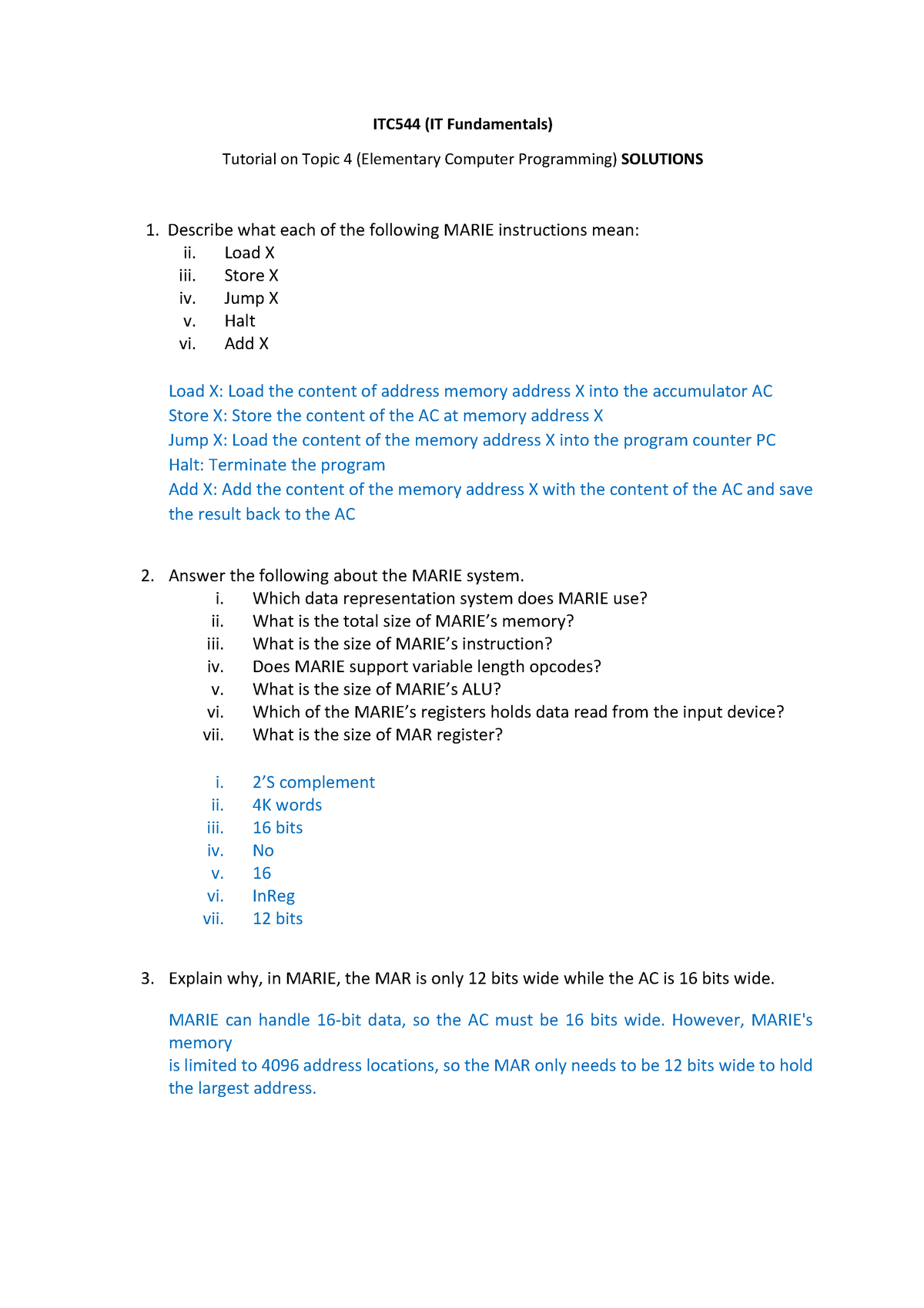 Topic 4 Tutorial Solutions - ITC544 (IT Fundamentals) Tutorial On Topic ...