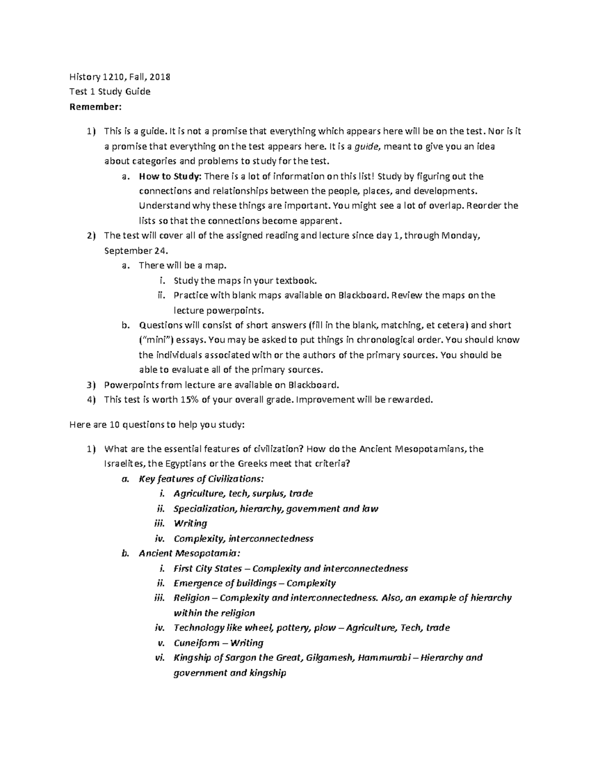 West Civ 1210-StudyGuideTest1 - History 1210, Fall, 2018 Test 1 Study ...