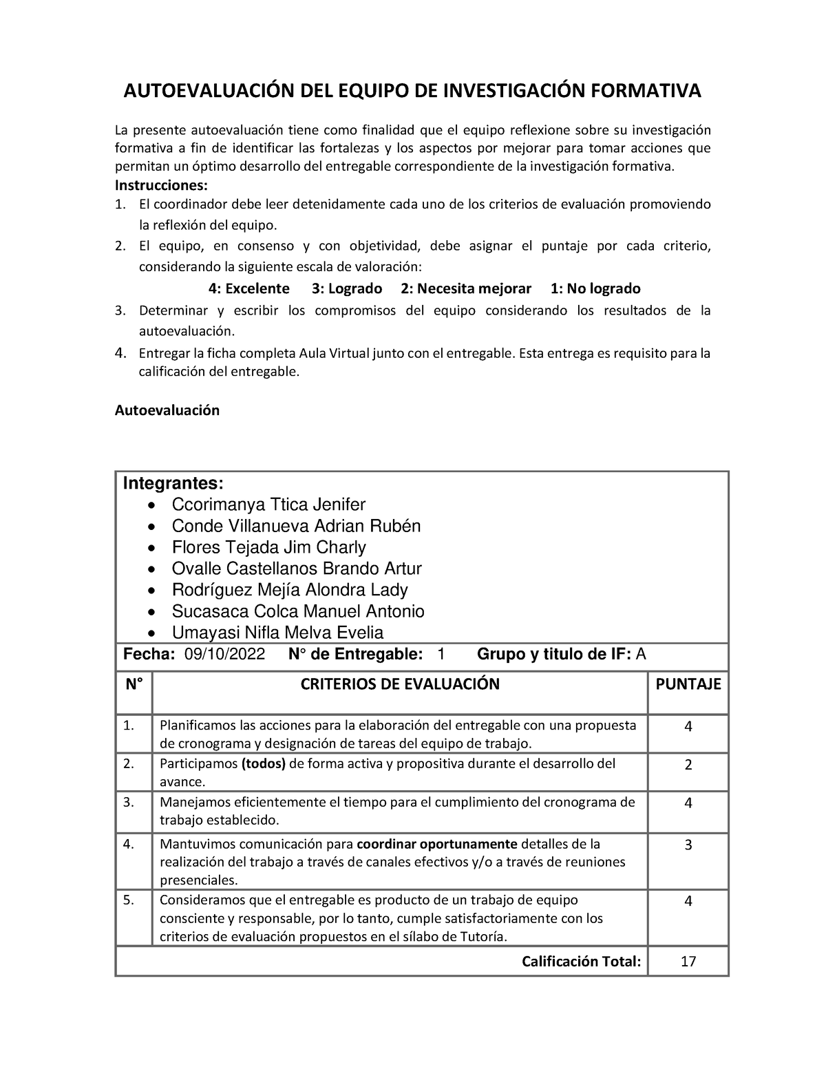 Ficha De Autoevaluaci N Grupo A Autoevaluacin Del Equipo De