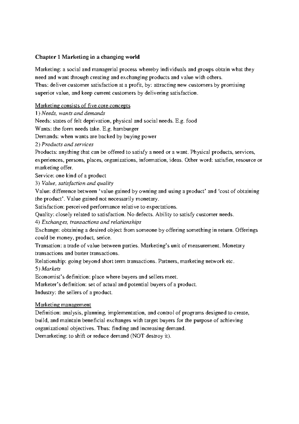Summary Principles Of Marketing Kotler Midterm Chapter 1 3 7 18 Summary Principles Of Marketing Kotler Midterm Chapter 1 3 7 18