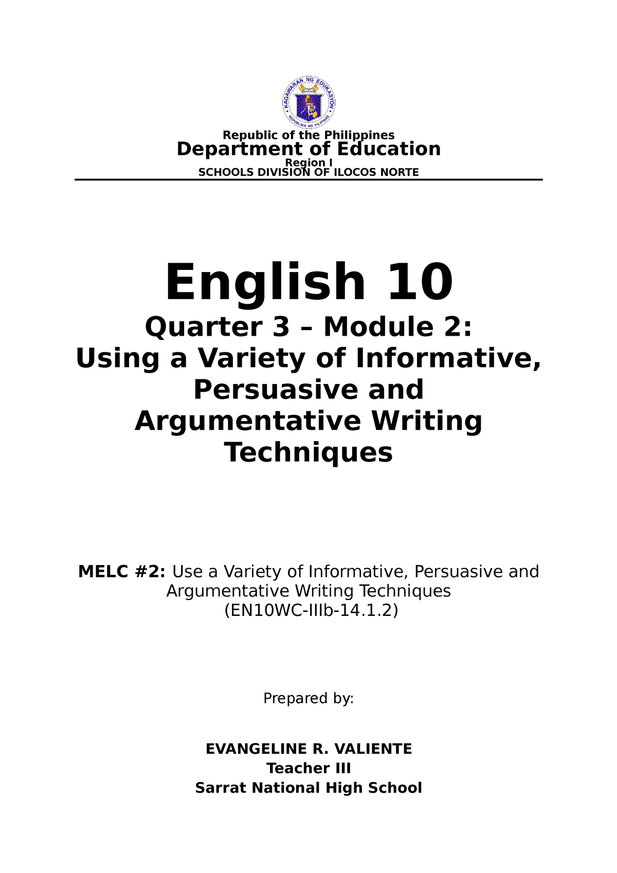 english 10 quarter 2 module 2 argumentative essay