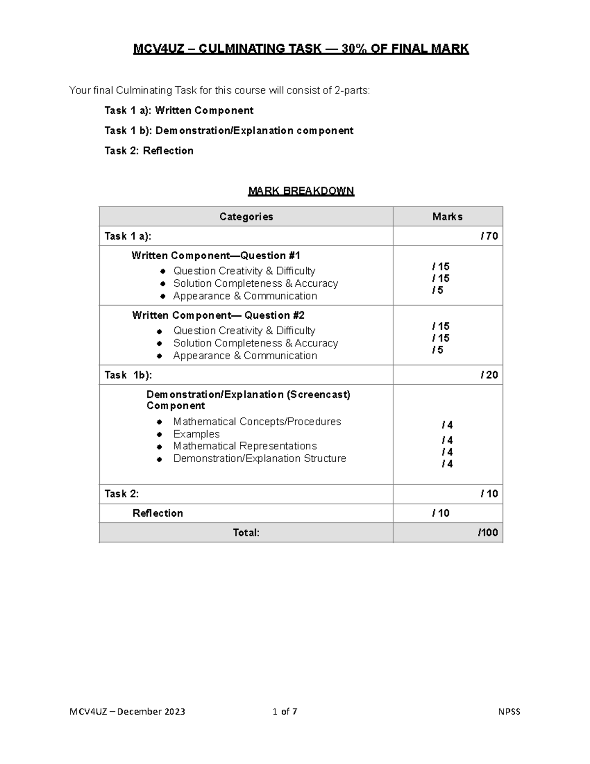 MCV4UZ Culminating Task - December 2023 - MCV4UZ – CULMINATING TASK ...