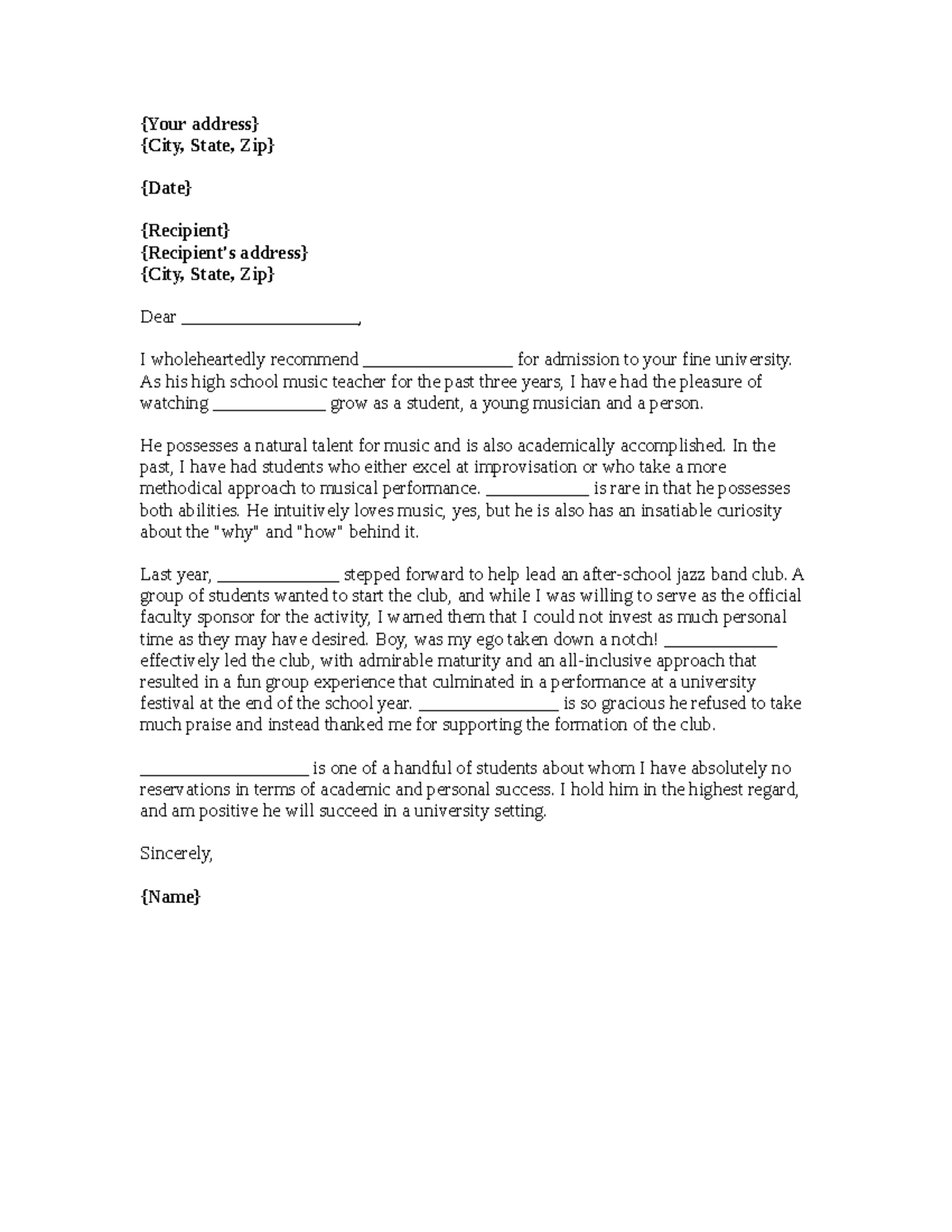 Recommendation letter college admission - {Your address} {City, State ...