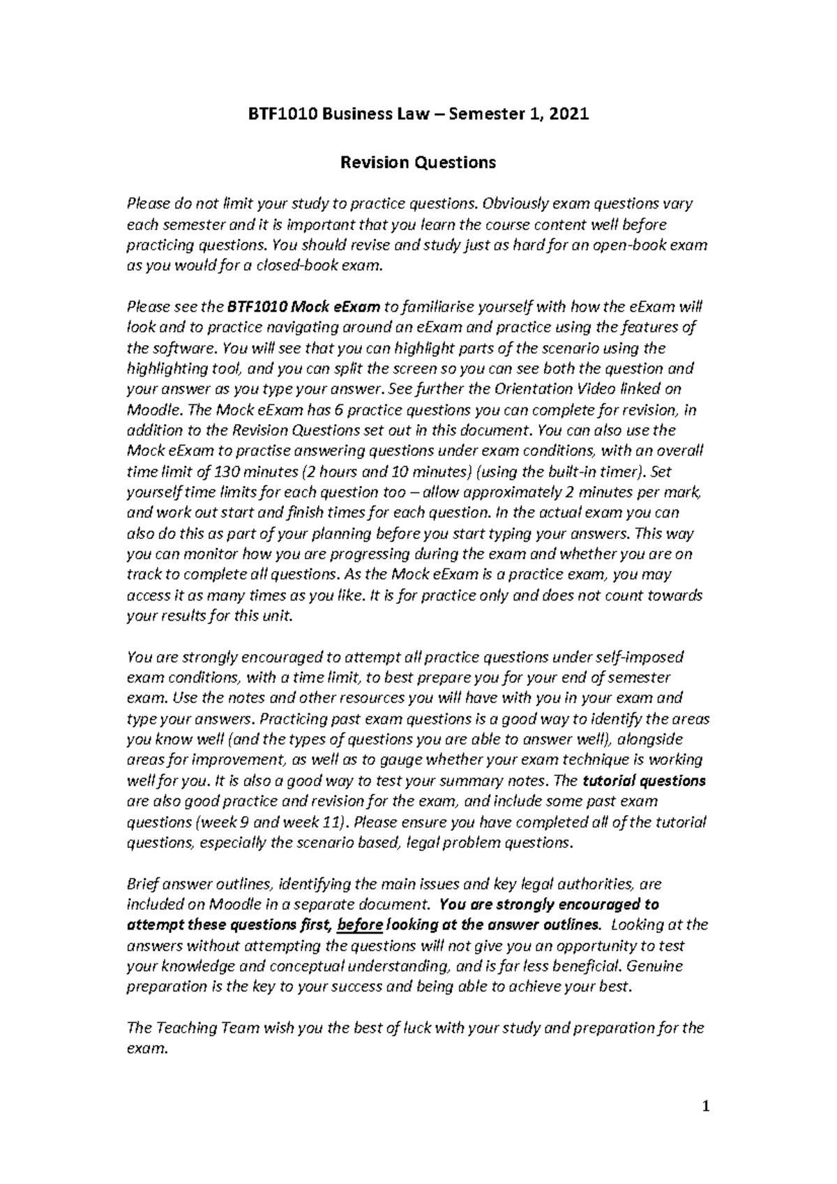 Exam revision questions for semester 1 exam - BTF1010 Business Law ...