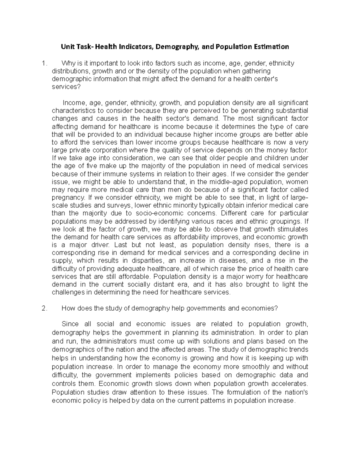 Demography biostats ANSWER Unit Task Health Indicators, Demography, and Population