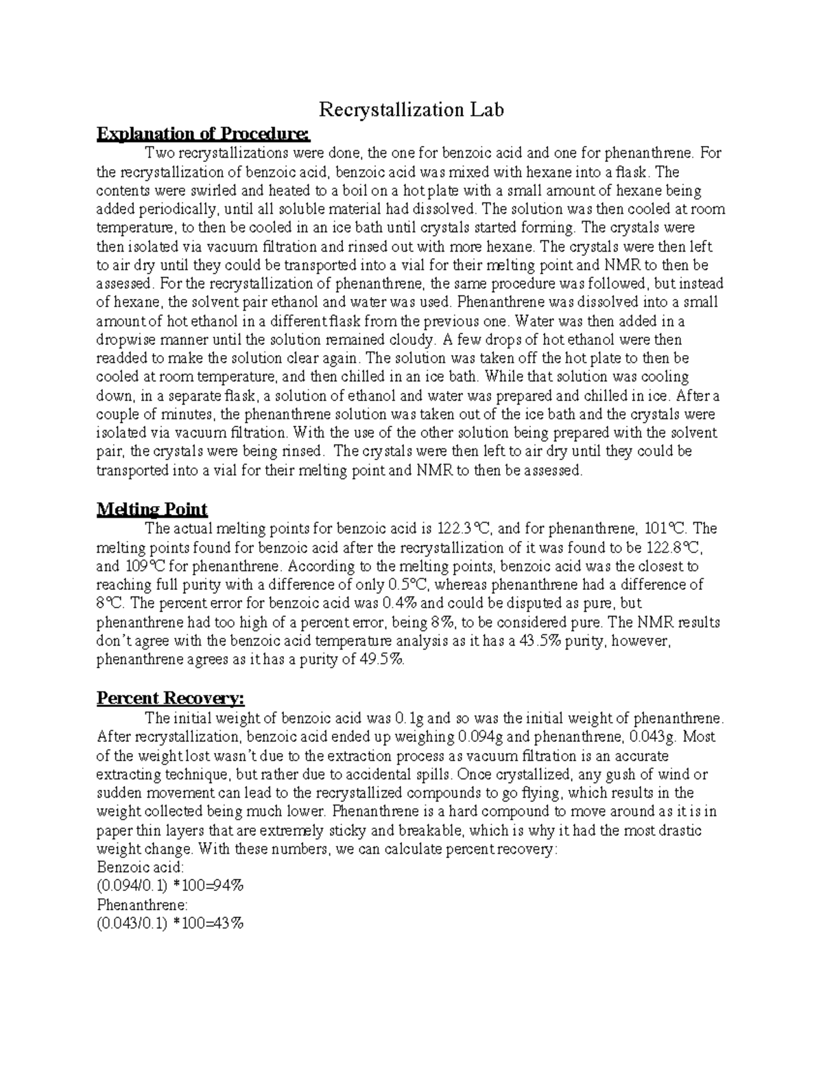 Recrystallization Lab Report - Recrystallization Lab Explanation Of ...