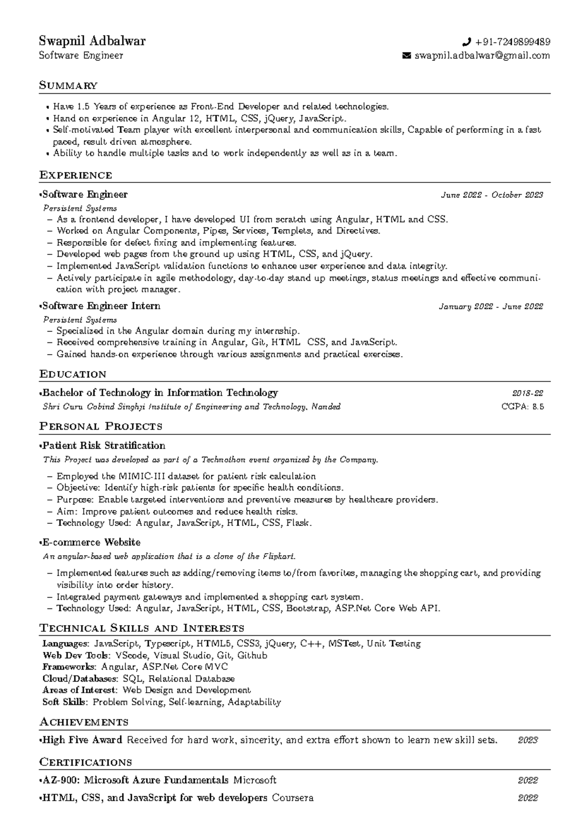 70 ATS rating Resume Template (11) - Swapnil Adbalwar +91- Software ...