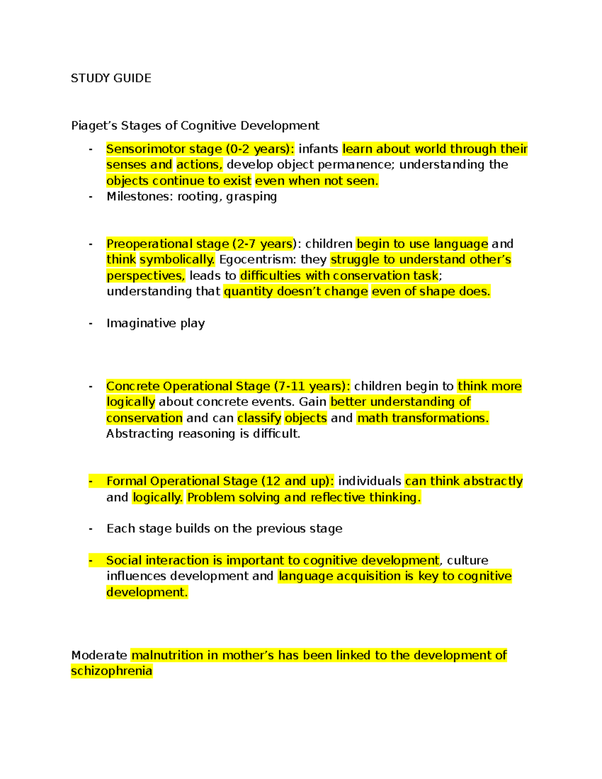 Study Guide - Terms to know - STUDY GUIDE Piaget’s Stages of Cognitive ...