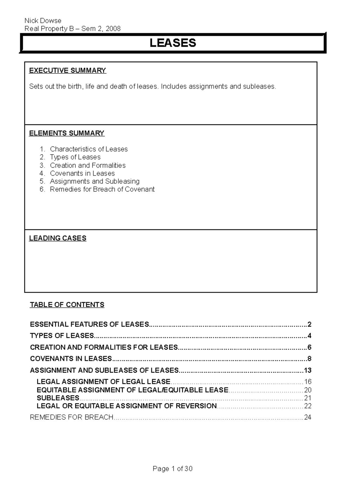 Leases property law Real Property B Sem 2, 2008 LEASES TABLE OF