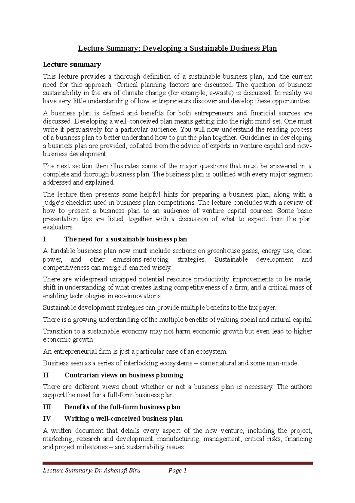 Lecture Summary Week 10 Lecture Summary Developing a Sustainable