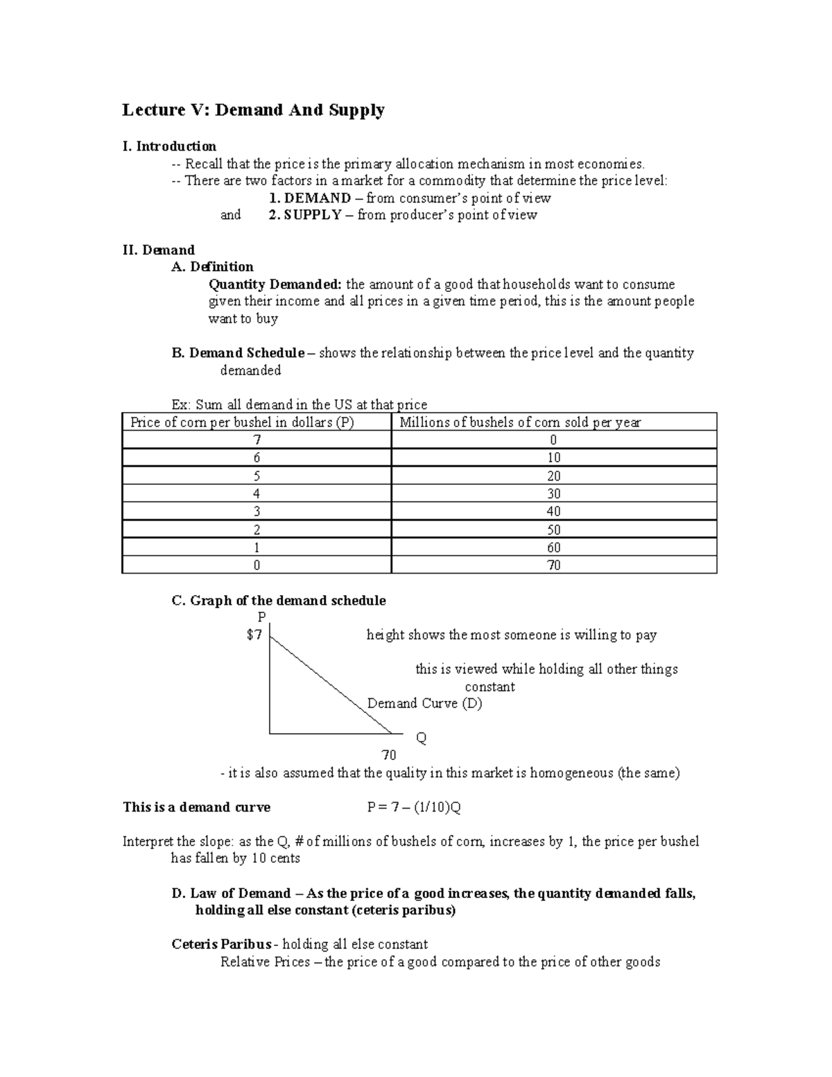 Lecture 4 Supply and Demand Lecture V Demand And Supply I