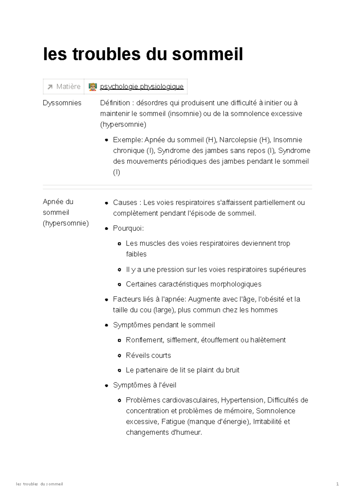 les troubles du sommeil - les troubles du sommeil Matière psychologie ...