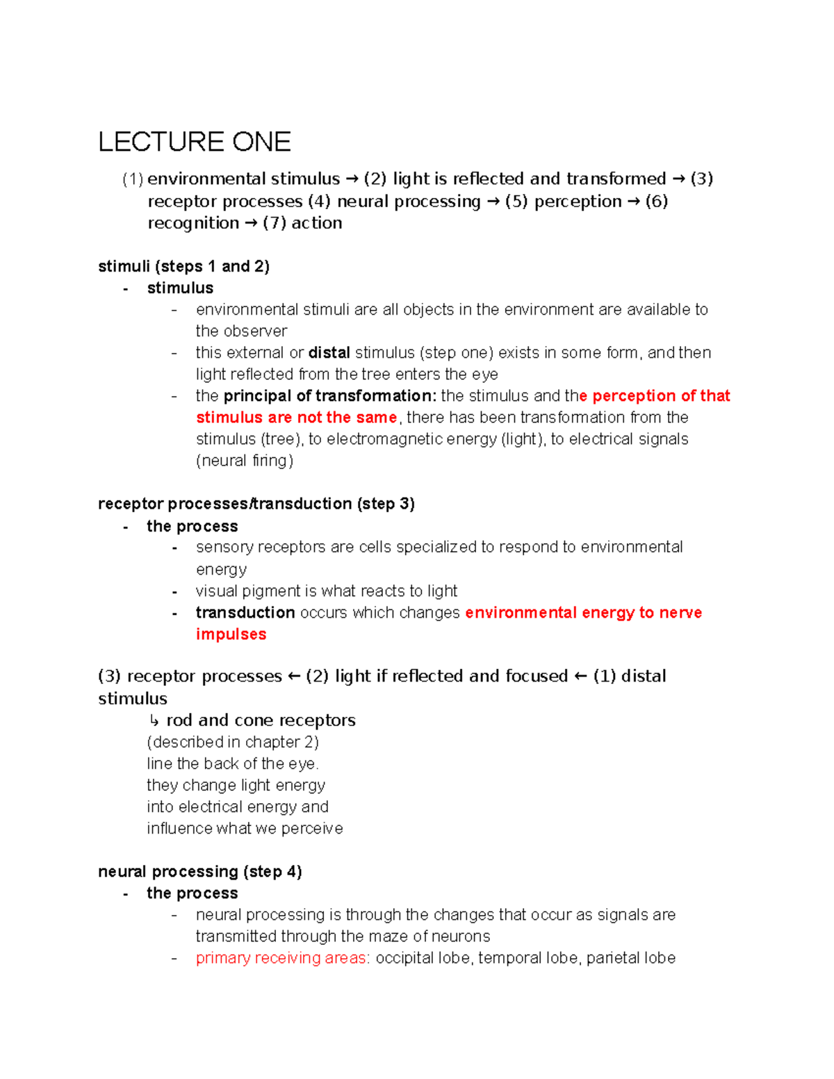 Sensation Perception Lecture Notes Chapter 1 To 11 - LECTURE ONE (1 ...