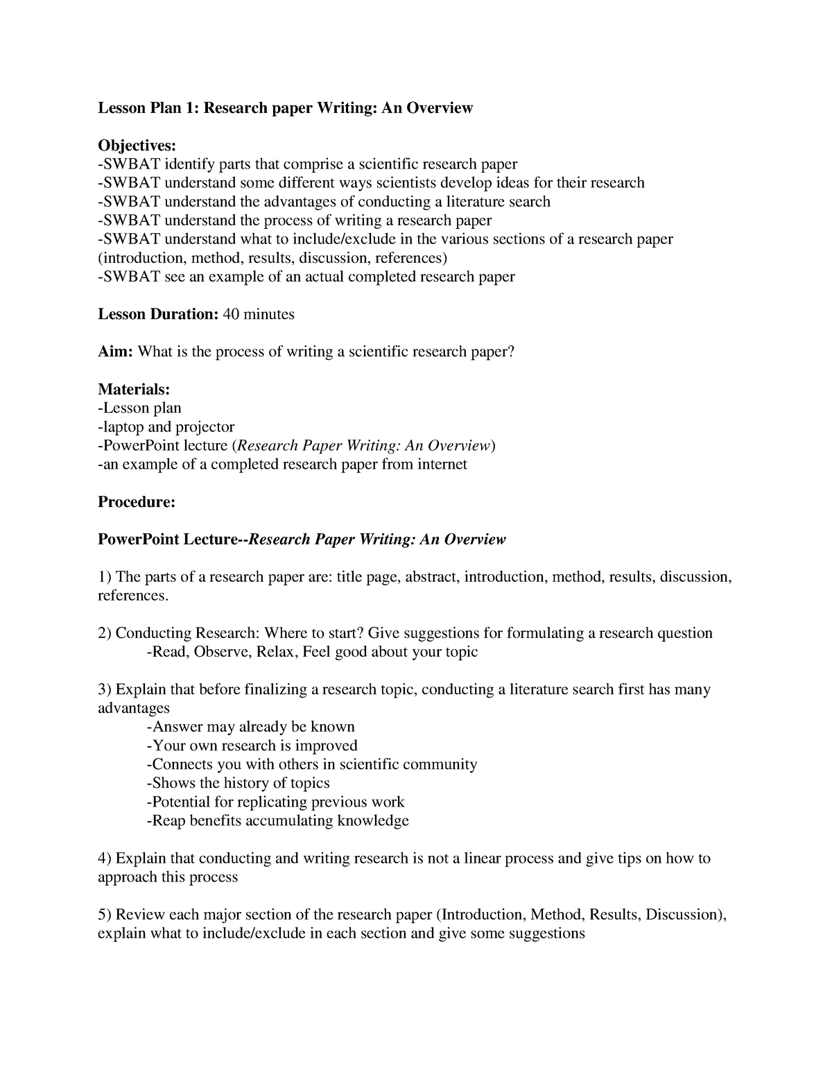 research paper lesson plans pdf