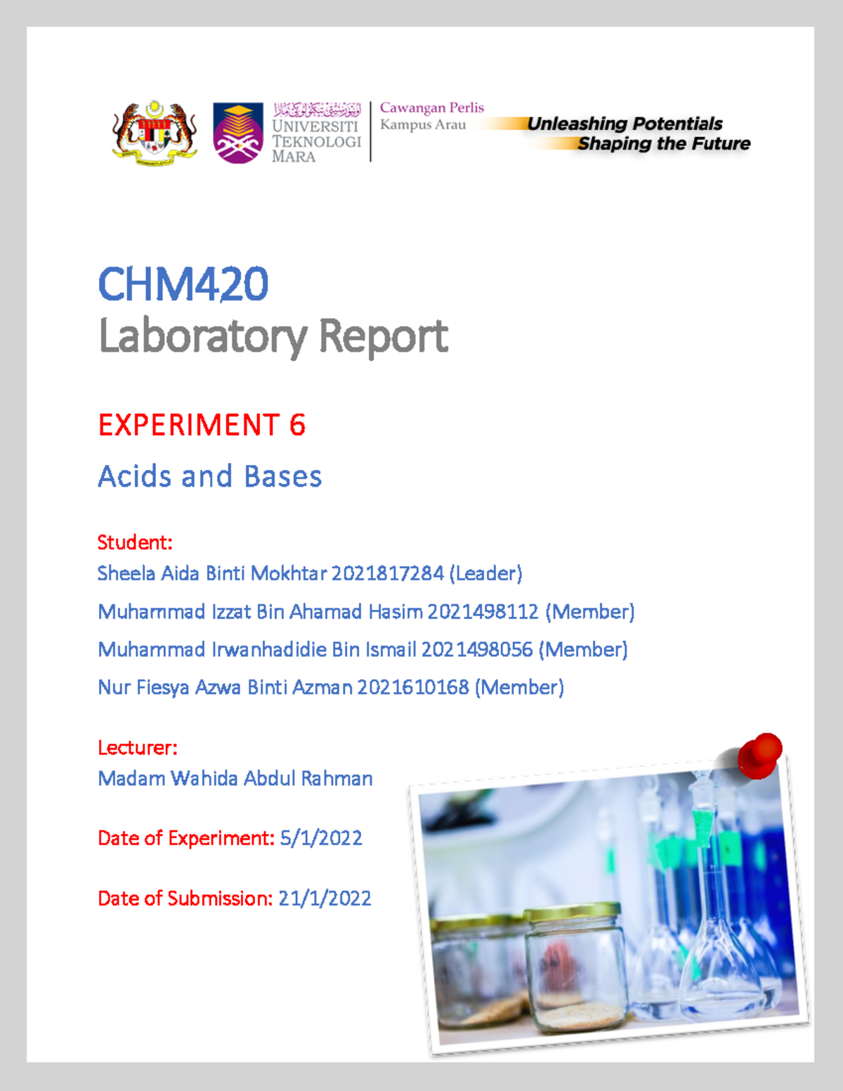 Laboratory Report EXPERIMENT 6 Acids and Bases CHM Laboratory Report