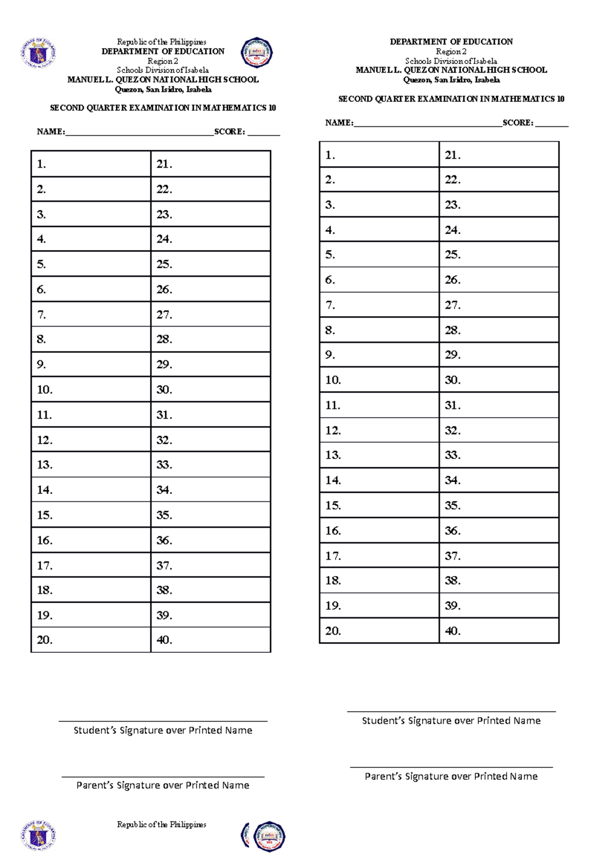 Summative test answer sheet - DEPARTMENT OF EDUCATIONRepublic of the ...