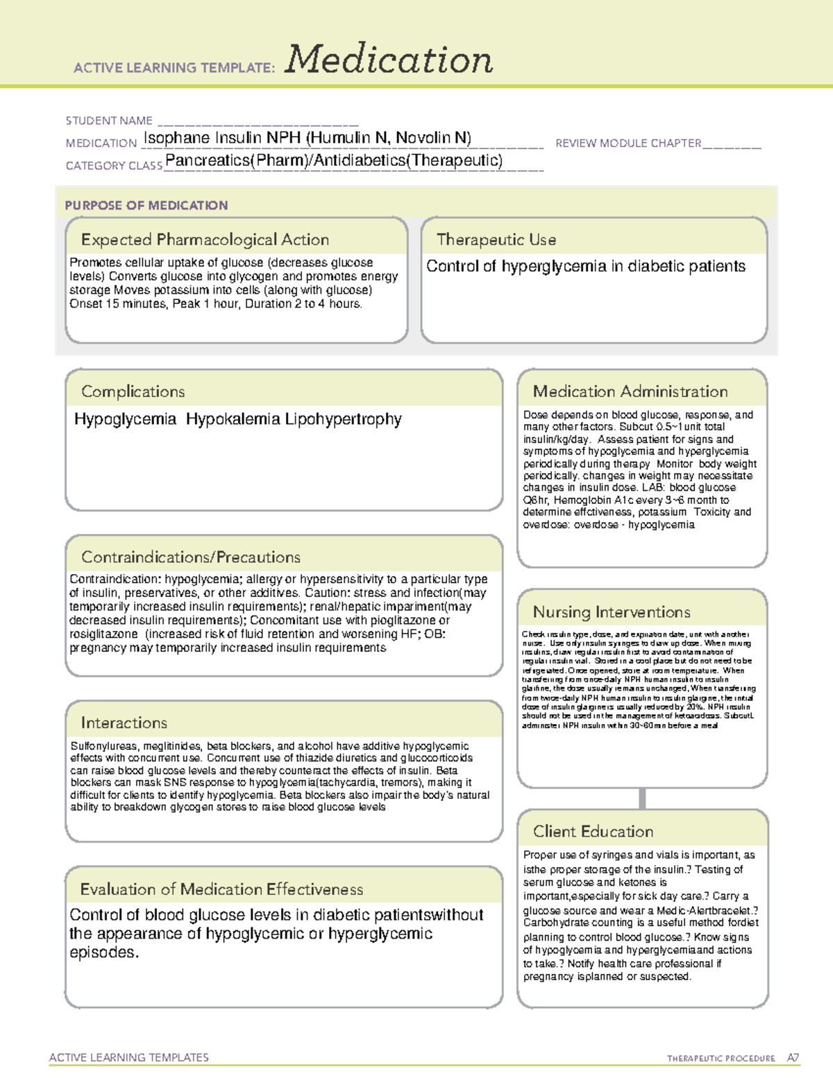 ATI Regular Insulin Medication Sheet ACTIVE LEARNING TEMPLATES 