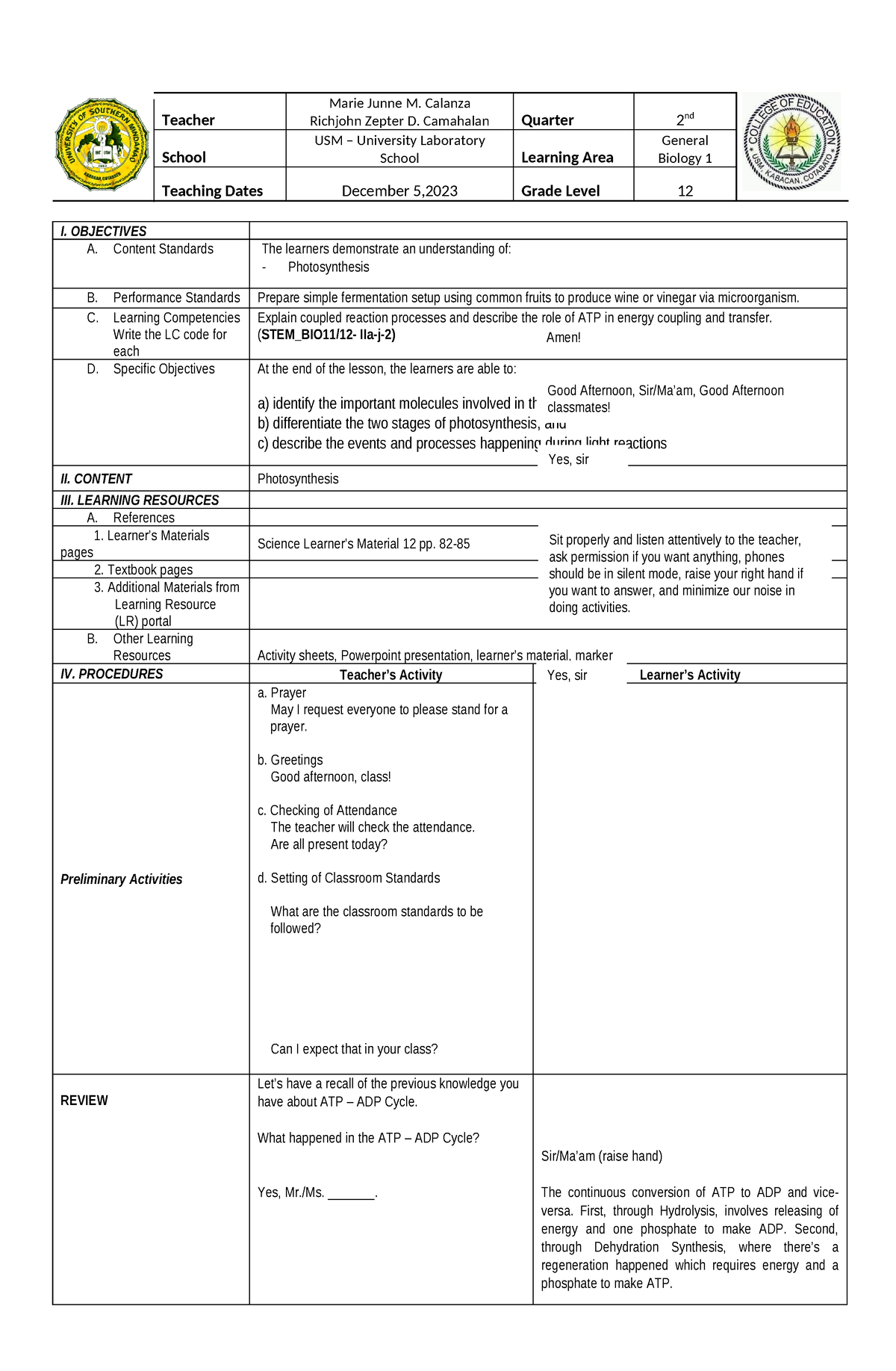 Photosynthesis-Grade-12-LP ( Final) - Teacher Marie Junne M. Calanza ...