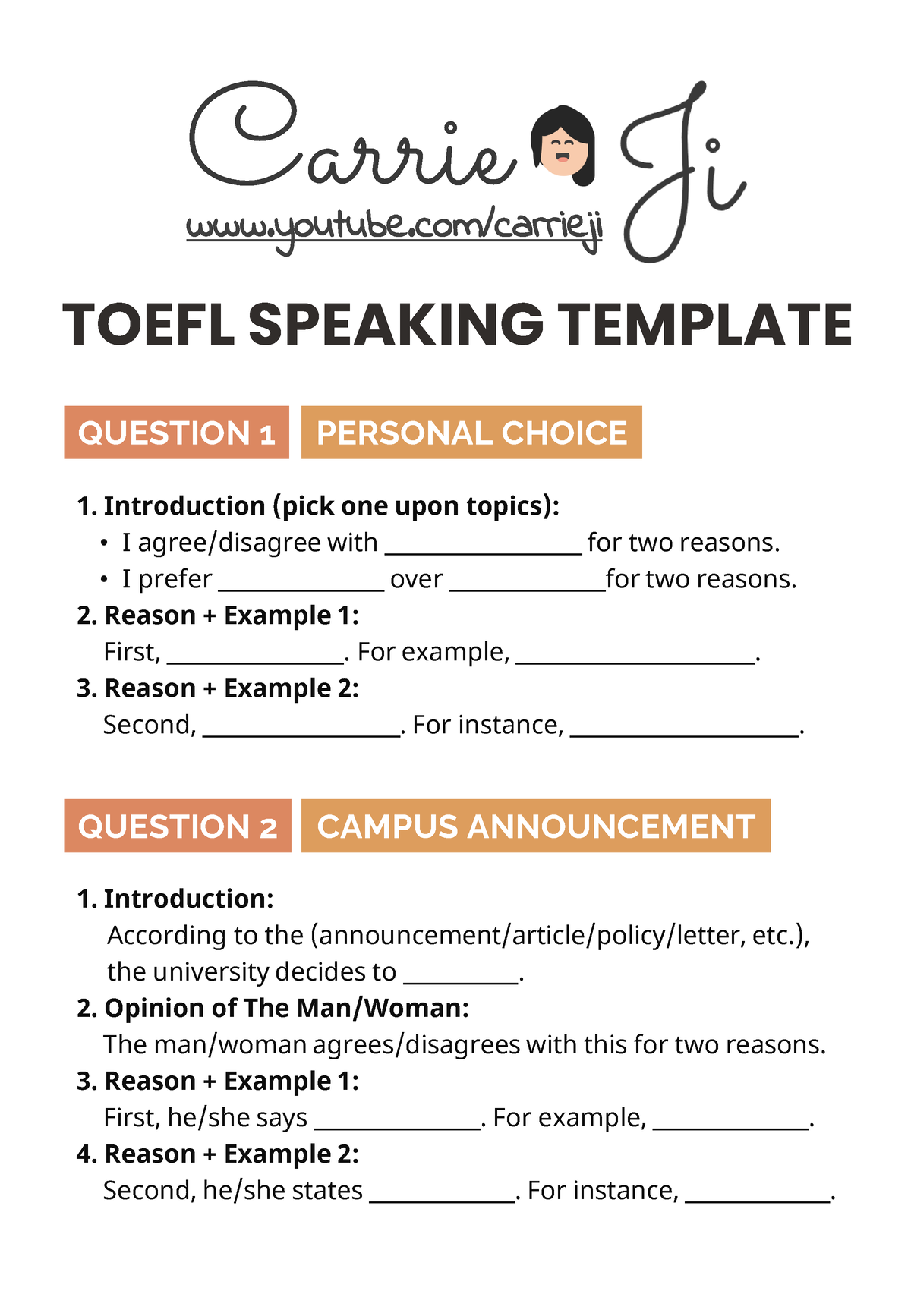 Carrie Ji Toefl Speaking Template TOEFL SPEAKING TEMPLATE 1