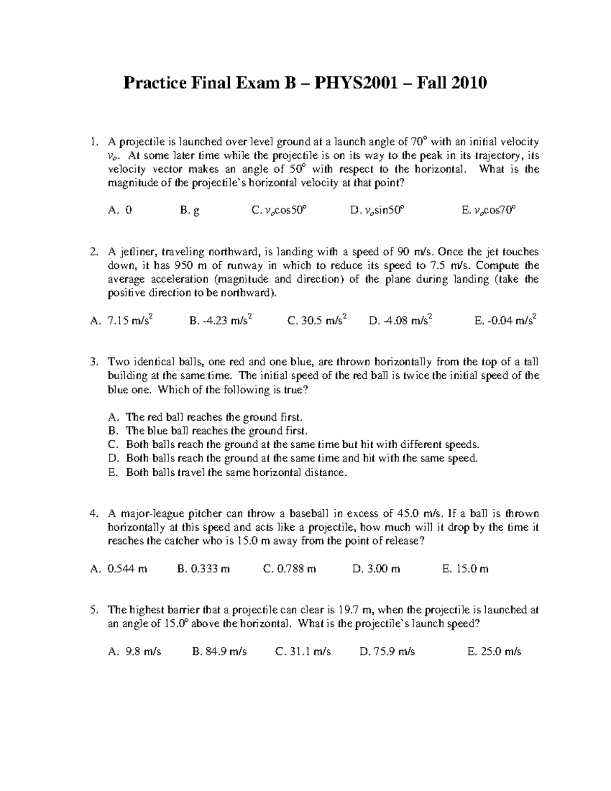 Practice Final Version B - Practice Final Exam B – PHYS2001 – Fall 2010 ...