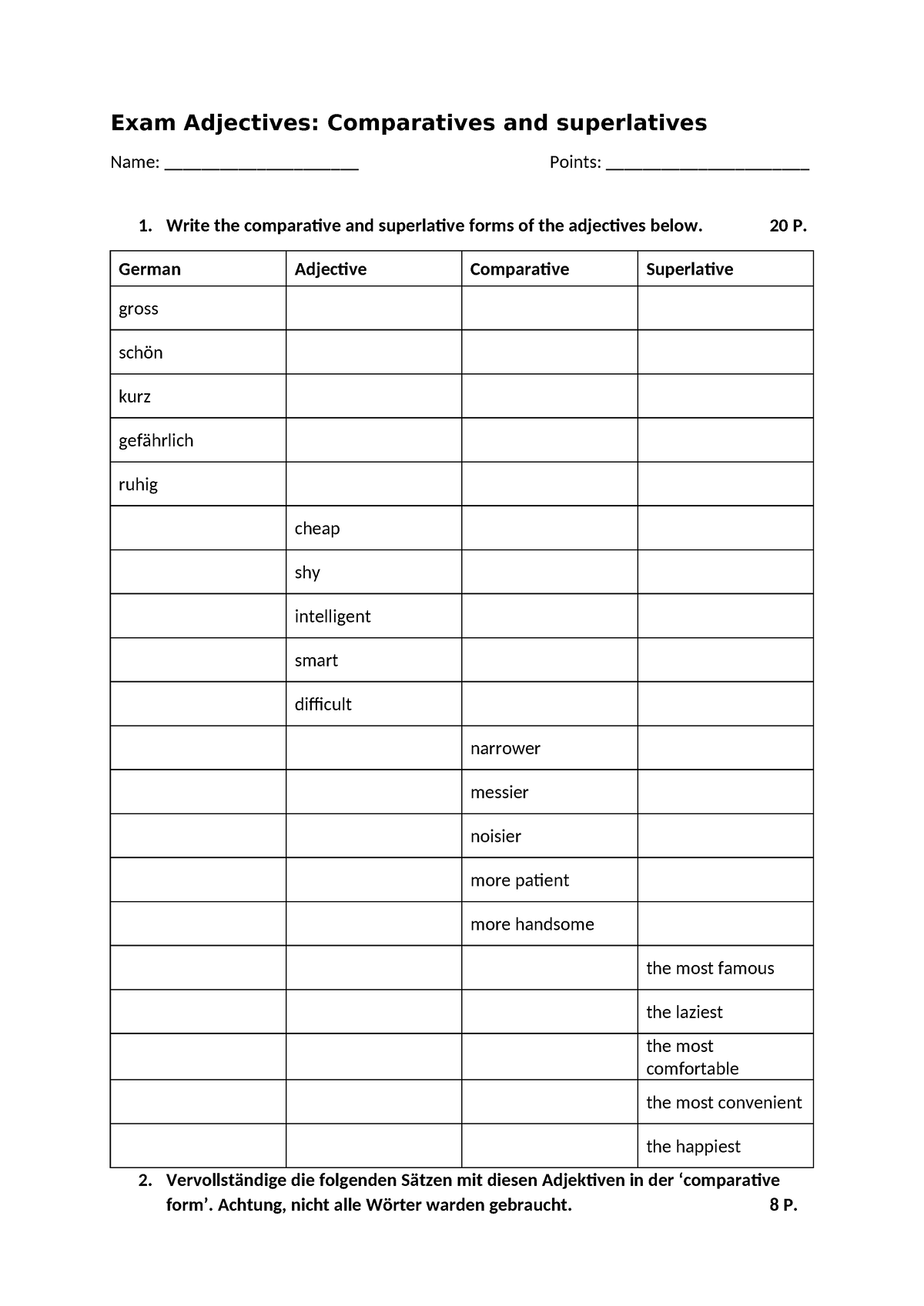 Exam Adjectives - Exam - Exam Adjectives: Comparatives And Superlatives 