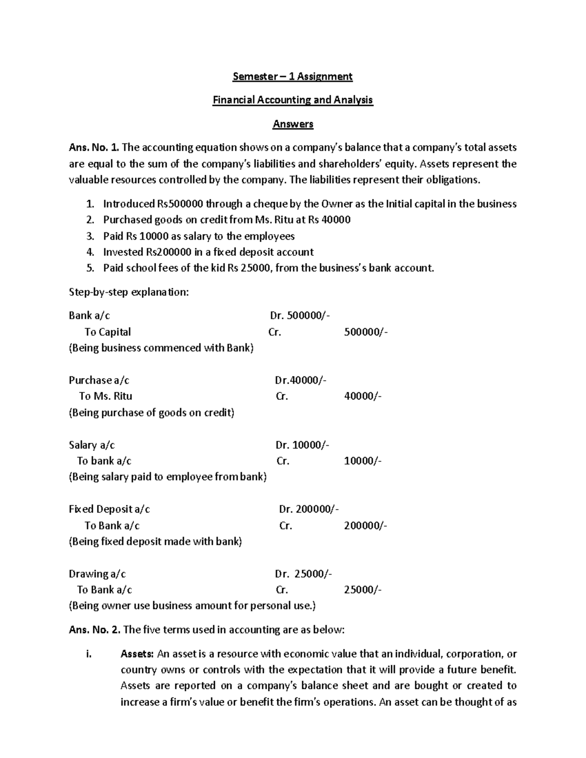 Financial Accounting and Analysis Answers - Semester – 1 Assignment ...