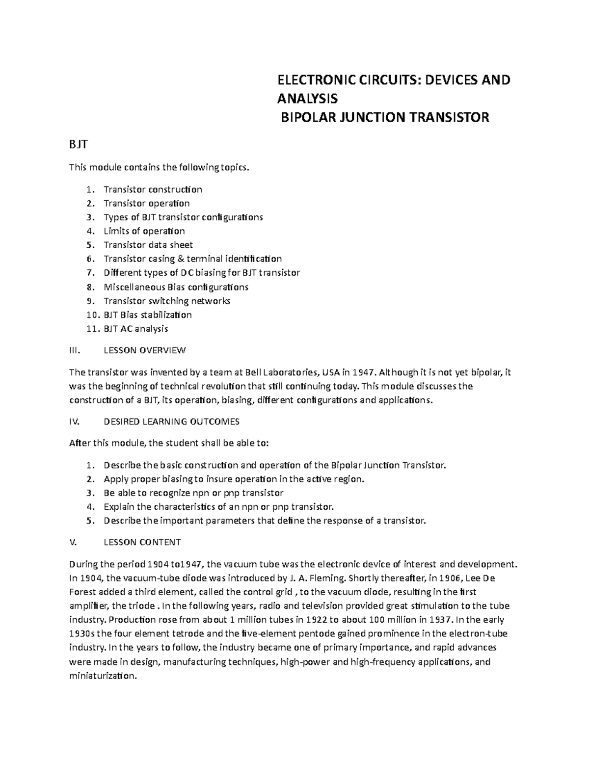 Electronic Circuits Devices AND Analysis Bipolar Junction Transistor ...