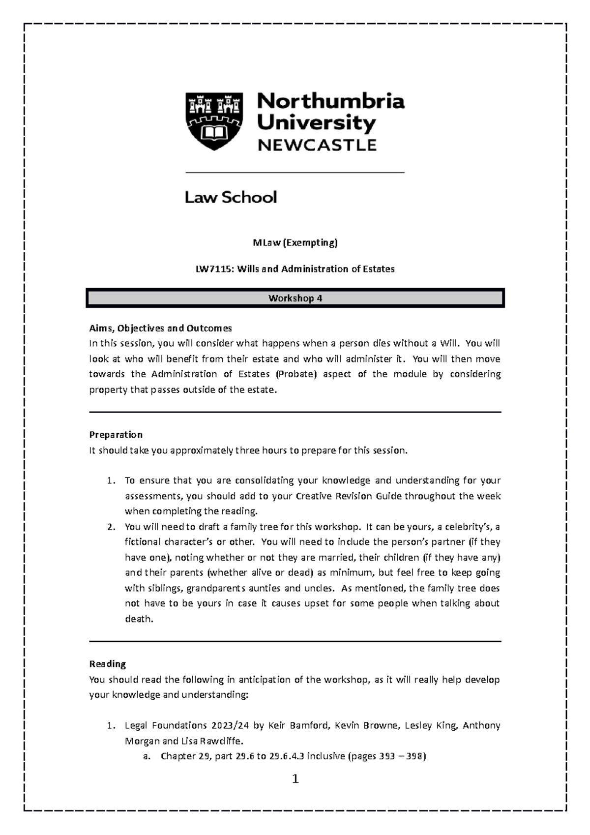 LW7115 Workshop 4 - will - MLaw (Exempting) LW7115: Wills and ...