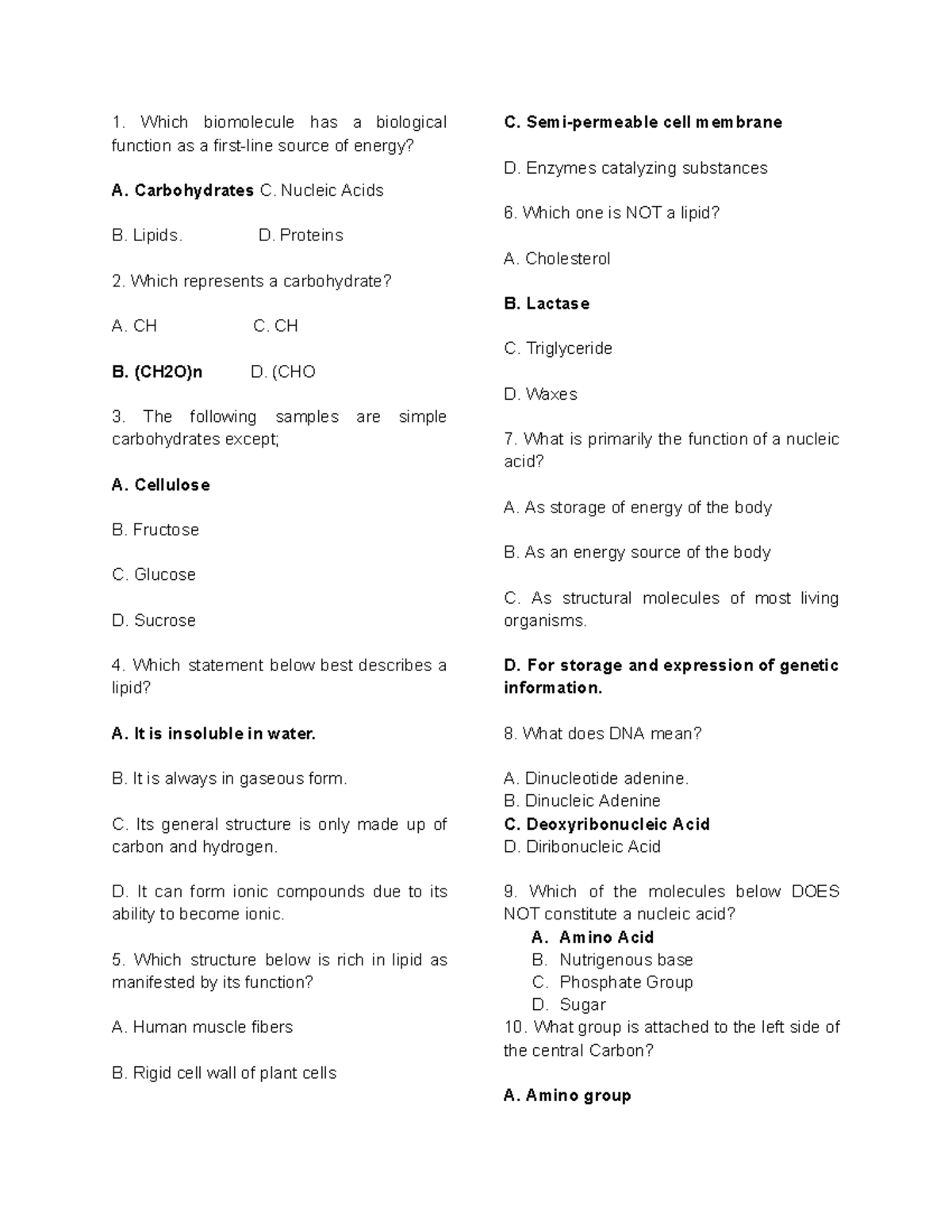 Physical Science Reviewer - Which biomolecule has a biological function ...