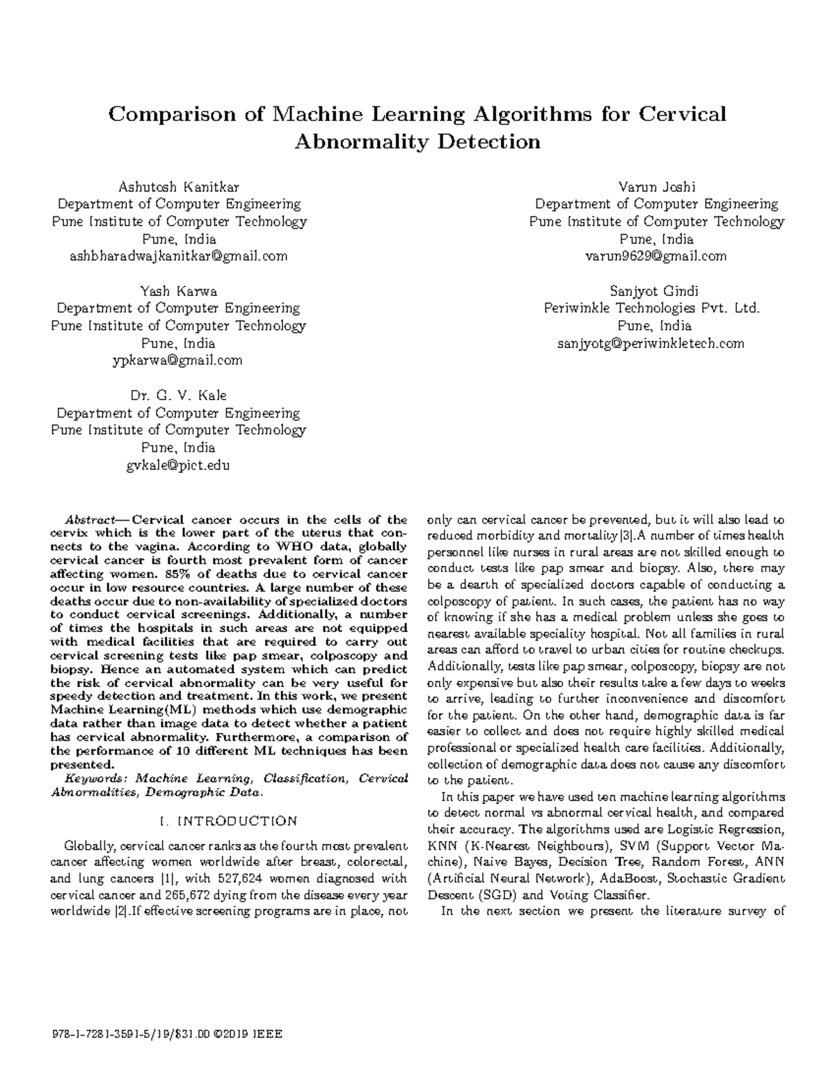 IEEE paper on Cervical Cancer detection using Machine learning and Deep ...