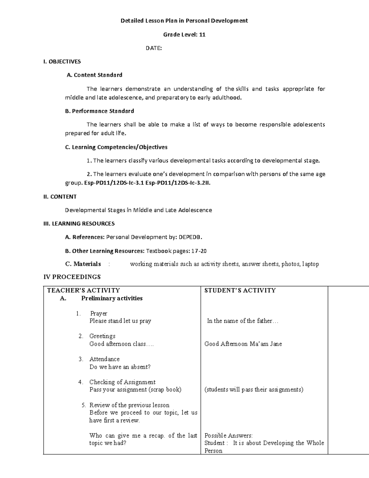 Toaz - fewre - Detailed Lesson Plan in Personal Development Grade Level ...