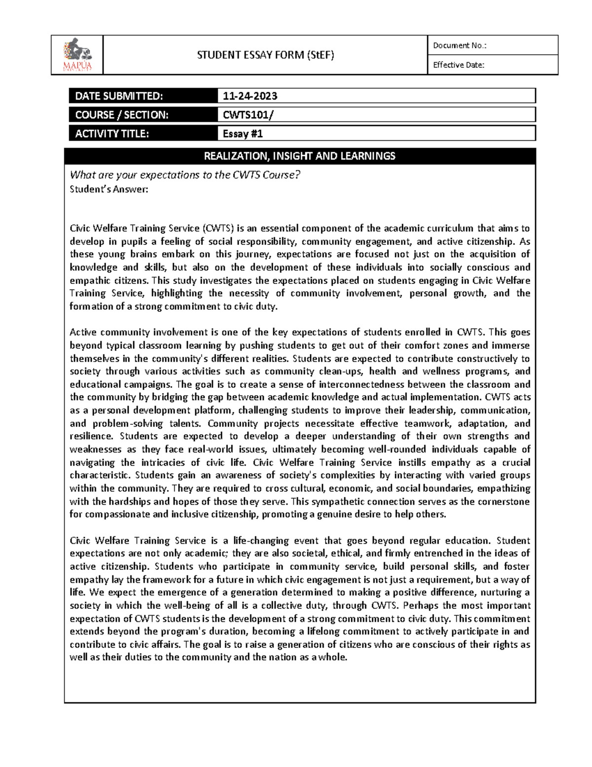 Cristobal JC-CWTS-Essay #1 - STUDENT ESSAY FORM (StEF) Document No ...