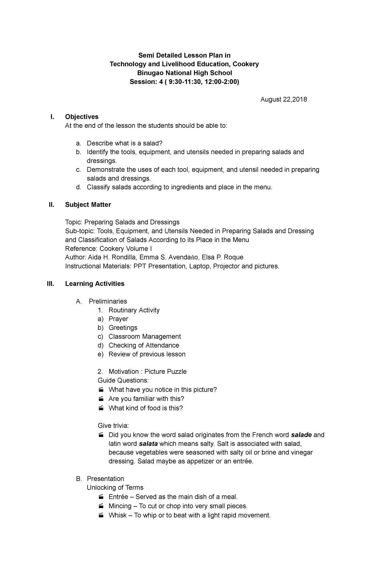 Semi detailed Lesson Plan In Cookery Semi Detailed Lesson Plan In 