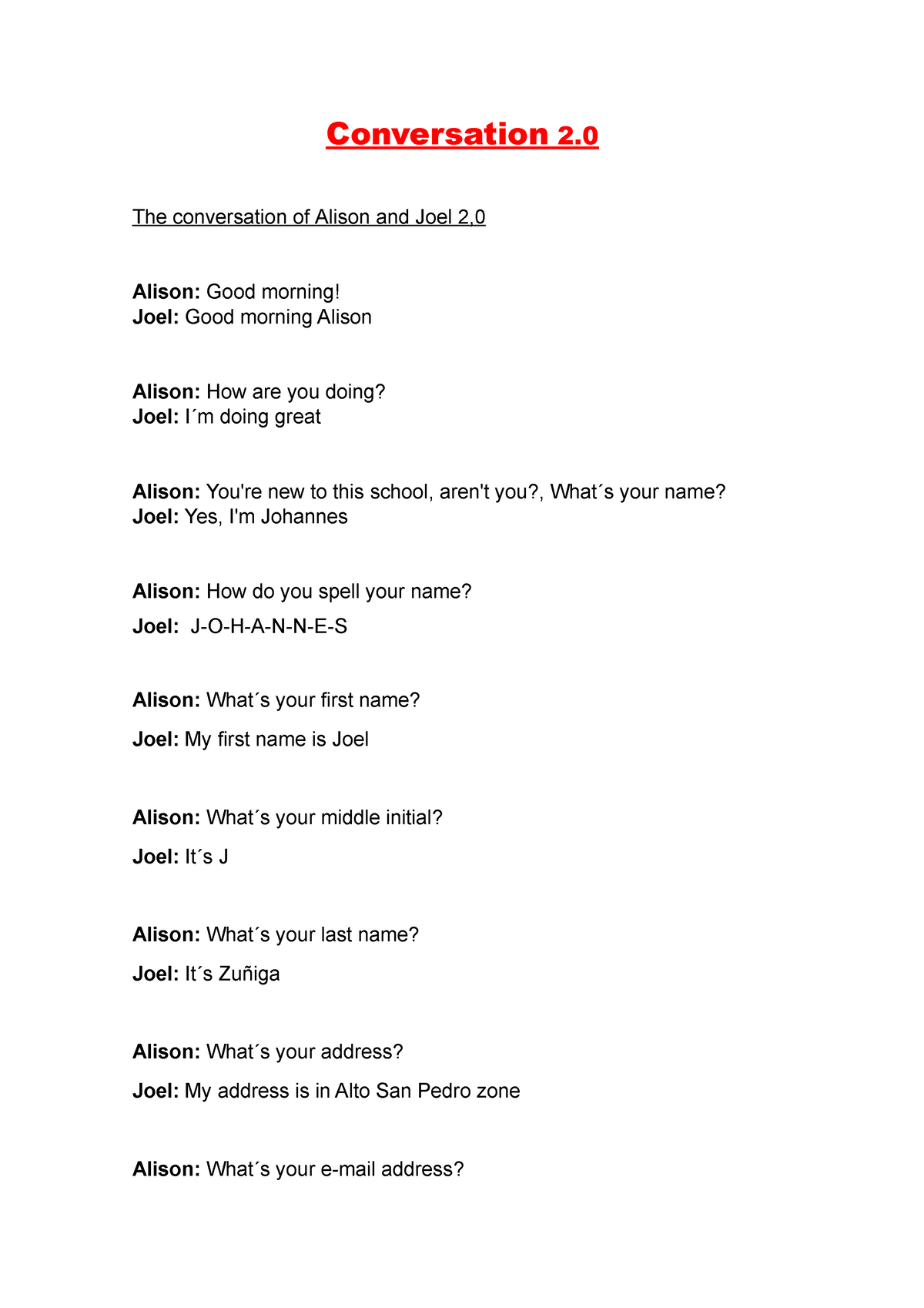 Homework 9 Ingles - Conversation 2. The Conversation Of Alison And Joel ...