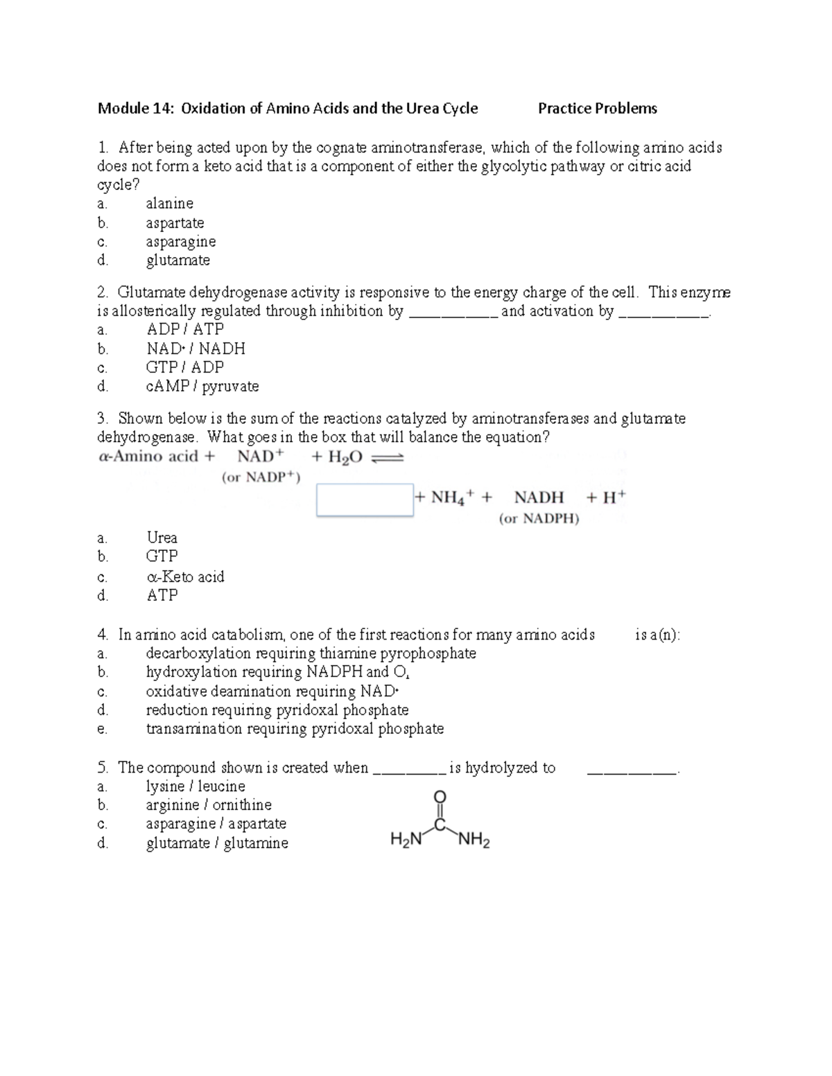 Amino Acid Oxidation Urea Cycle Practice Problems - Module 14 ...