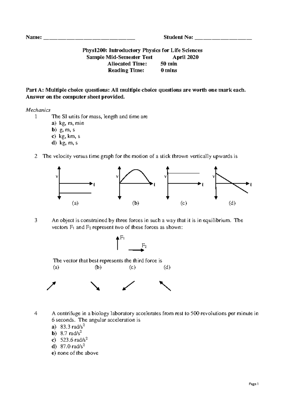 PHYS1200 Sample Midsem Test 2020 - Name ...