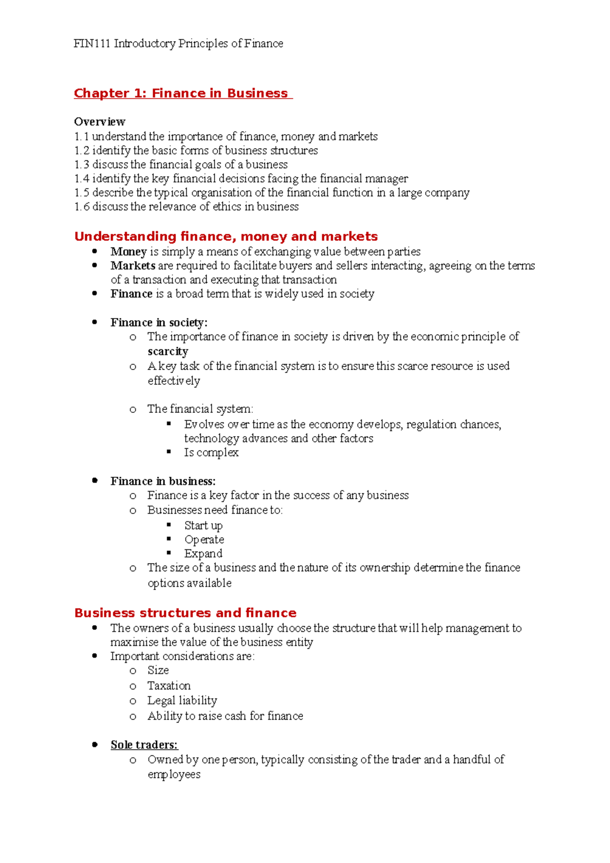 FIN111 Notes - Chapter 1: Finance in Business Overview 1 understand the ...