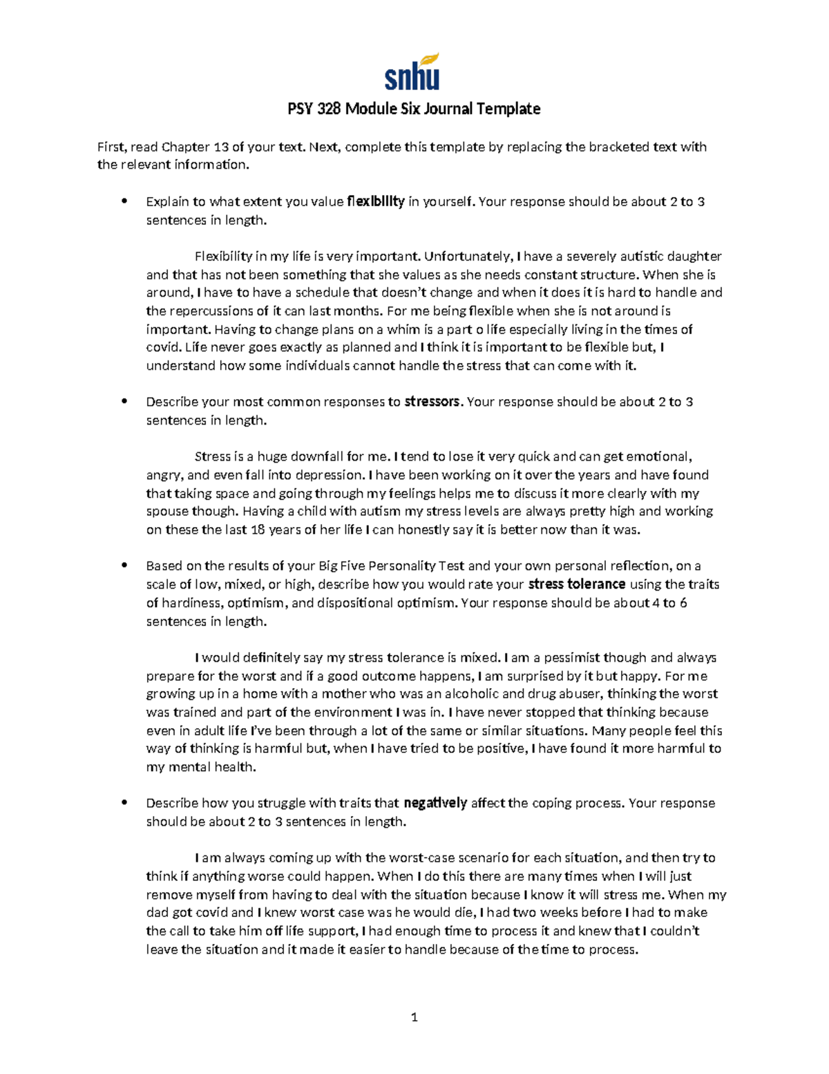 Mod 6 journal - PSY 328 Module Six Journal Template First, read Chapter ...